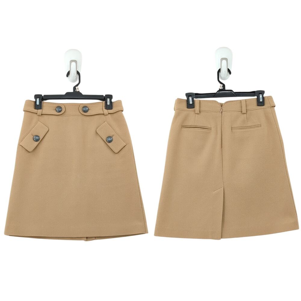 CLUB MONACO Women 0 Skirt Camel Brown Wool A Line Lined Buttons Knee Pockets